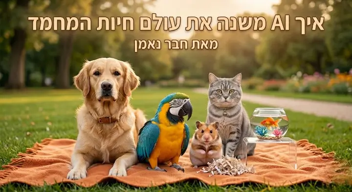 כלב, חתול, תוכי, אוגר ודג יושבים יחד בפארק – תמונת המחשה למאמר על איך AI משנה את עולם חיות המחמד