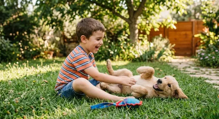 ילד מחייך משחק על הדשא עם גור כלבים מסוג גולדן רטריבר ששוכב על הגב ומחייך גם הוא. הרקע הוא גינה מוארת באור שמש טבעי עם עצים וגדר עץ.
