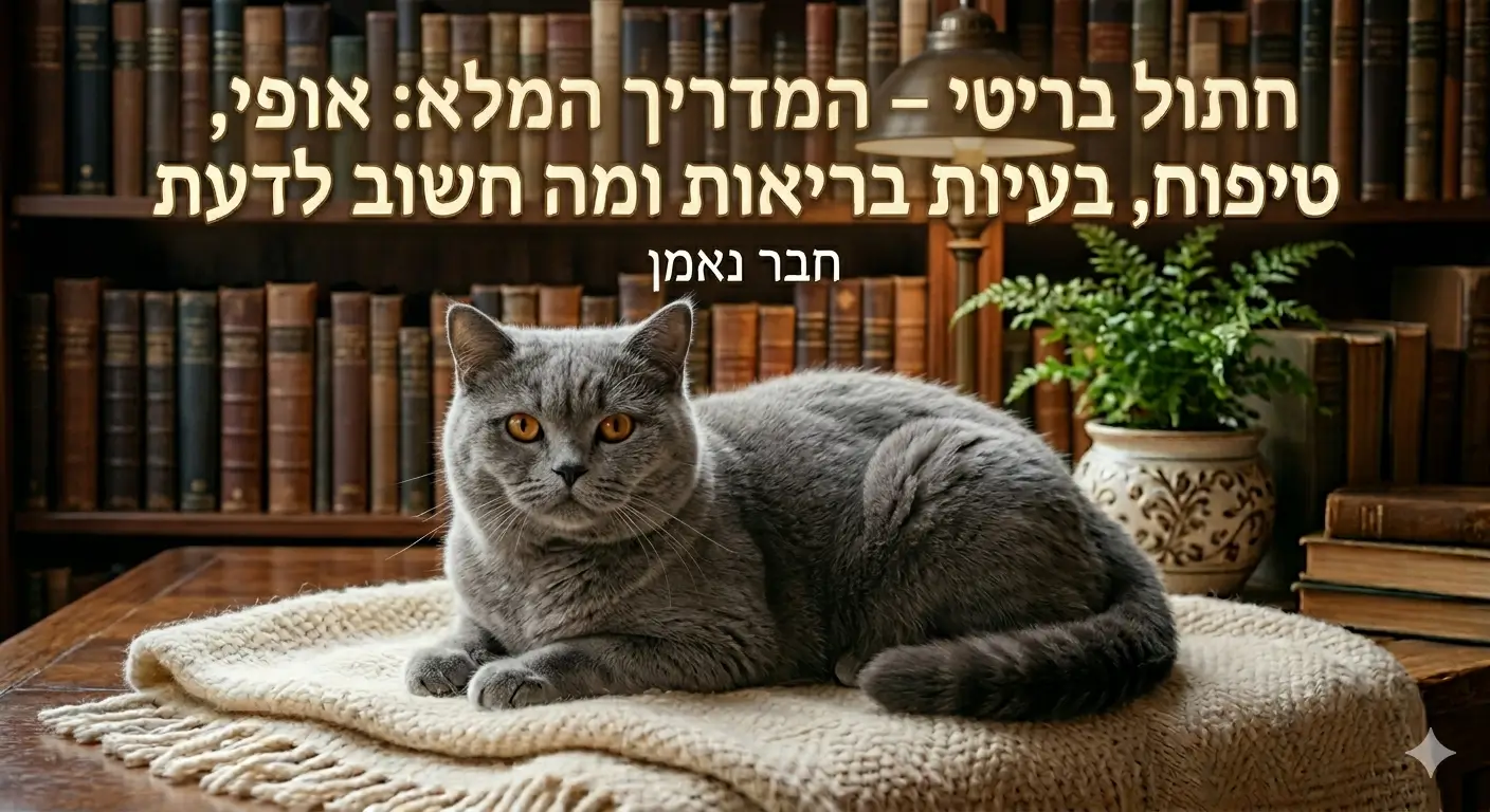 חתול בריטי אפור שוכב על שמיכה בבית עם רקע של ספרים, פרווה קצרה וצפופה – תמונת המחשה למדריך על אופי, טיפוח ובריאות חתול בריטי