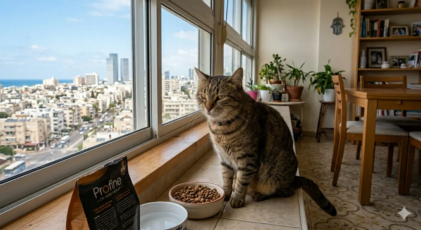 חתול אוכל מזון סופר פרימיום של פרופיין (Profine) בדירה בתל אביב