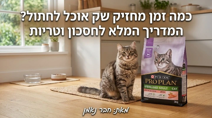 חתול בית יושב לצד שק מזון לחתולים של פרו פלאן (Pro Plan) במטבח ביתי, כחלק מכתבה על משך הזמן ששק אוכל מחזיק מעמד.