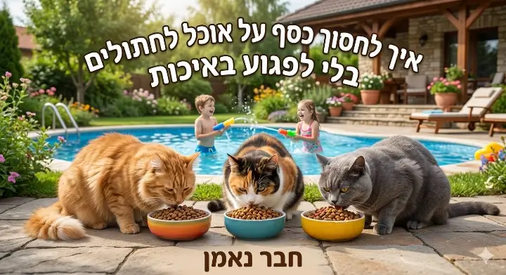 חתולים אוכלים אוכל יבש מקערות בחצר בית לצד בריכה, המחשה לחיסכון חכם באוכל לחתולים בלי לפגוע באיכות