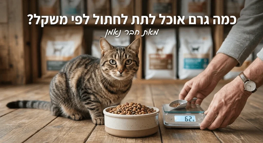 "מדידת כמות אוכל לחתול בגרמים על מאזניים דיגיטליים לצד חתול וקערת מזון."