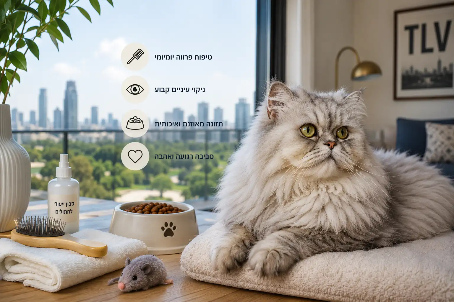 חתול פרסי אפור בדירה תל אביבית עם נוף לפארק ומוצרי טיפוח לחתולים