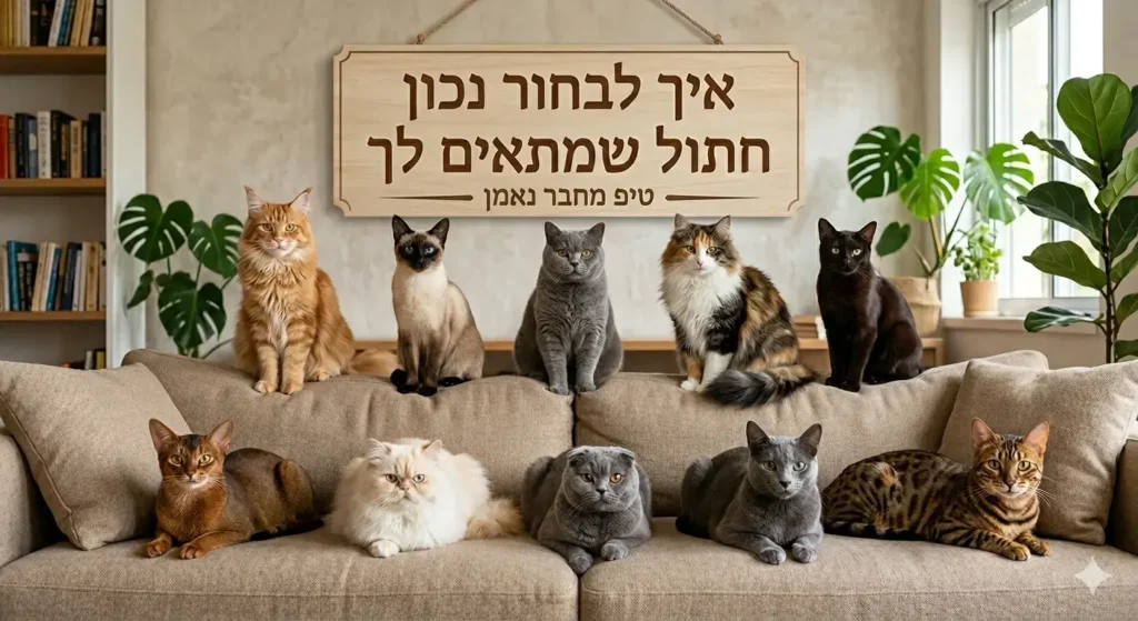 תמונה מלווה למאמר ״איך לבחור חתול שמתאים לך״: שלט עץ עם כותרת המאמר בעברית, מעל עשרה חתולים מגזעים שונים היושבים על ספה.