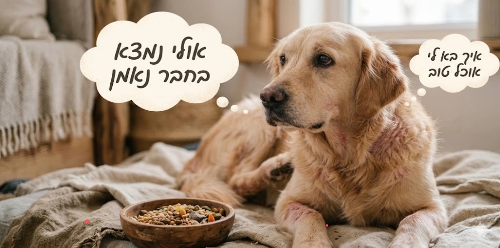 כלב גולדן רטריבר עם רגישות בעור חושב על אוכל טוב בחנות חבר נאמן.