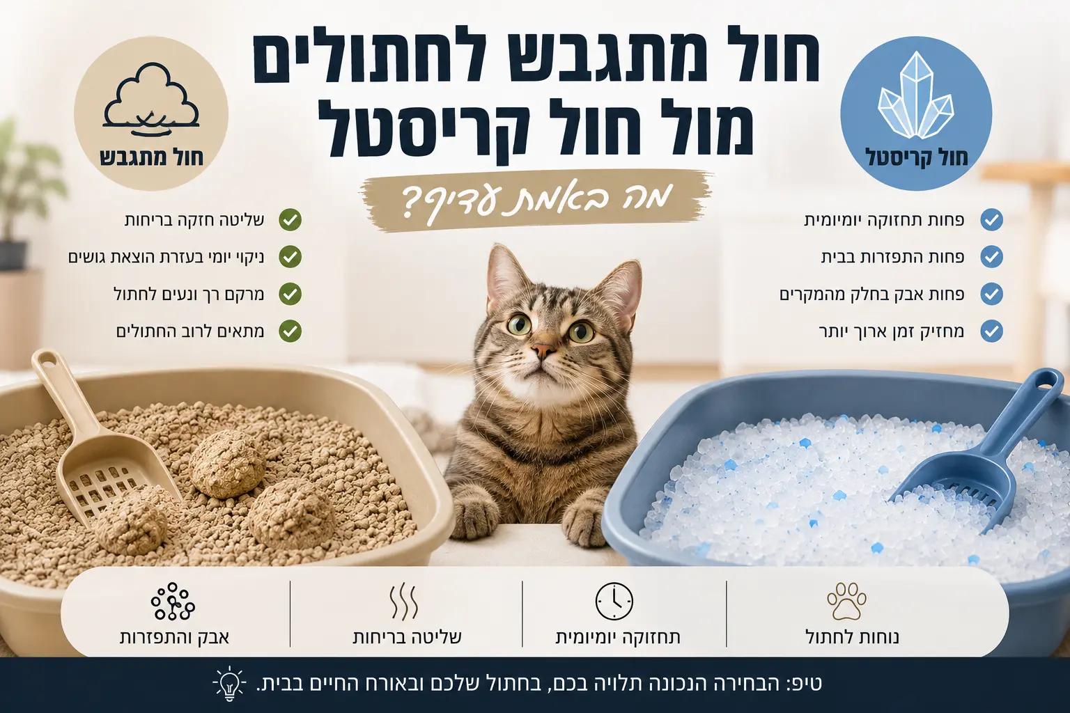 השוואה בין חול מתגבש לחול קריסטל לחתולים עם יתרונות, חסרונות ושליטה בריחות