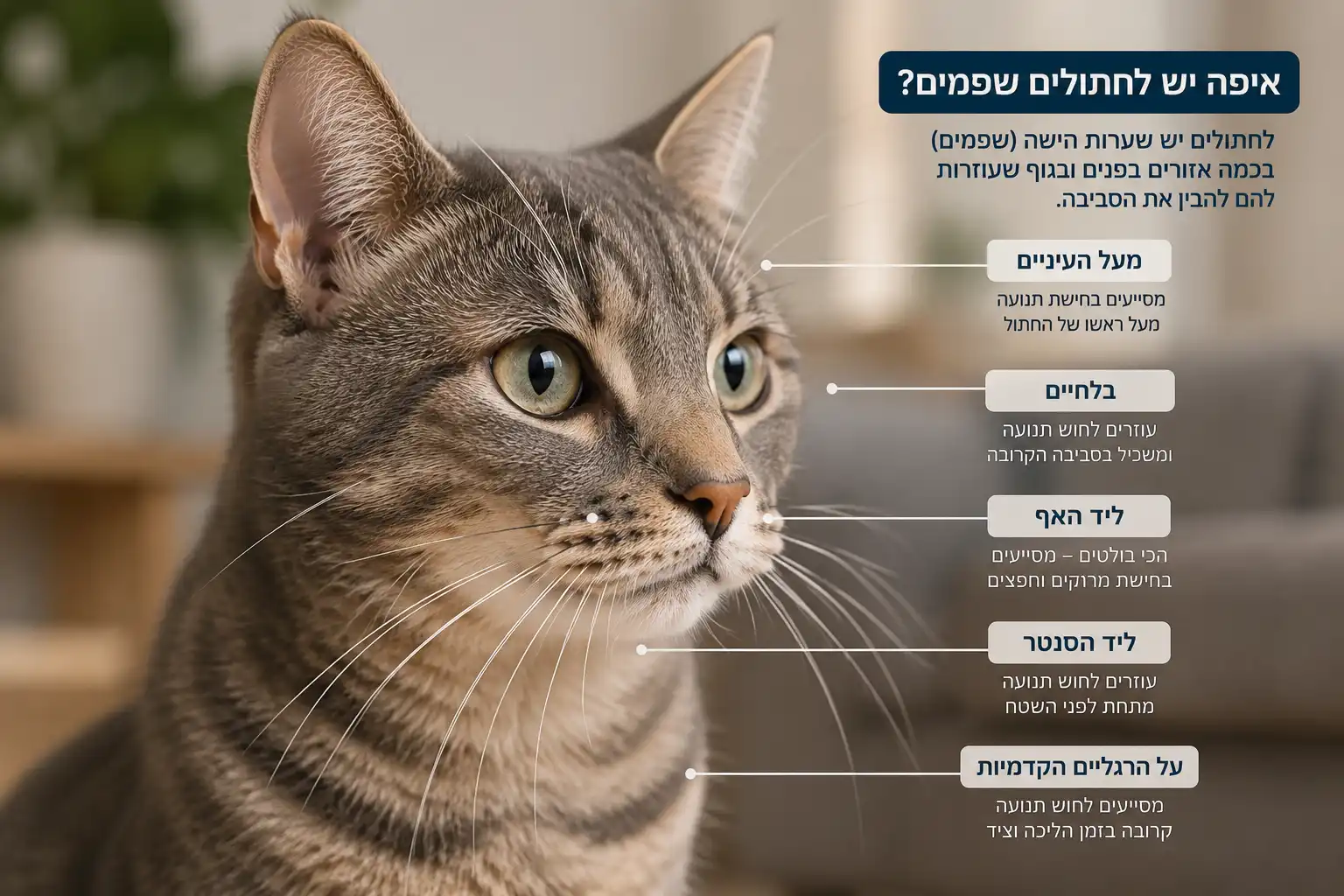 אינפוגרפיקה המסבירה איפה יש לחתולים שפמים וכיצד שפמי חתול עוזרים לחישה, התמצאות וזיהוי תנועה בסביבה.