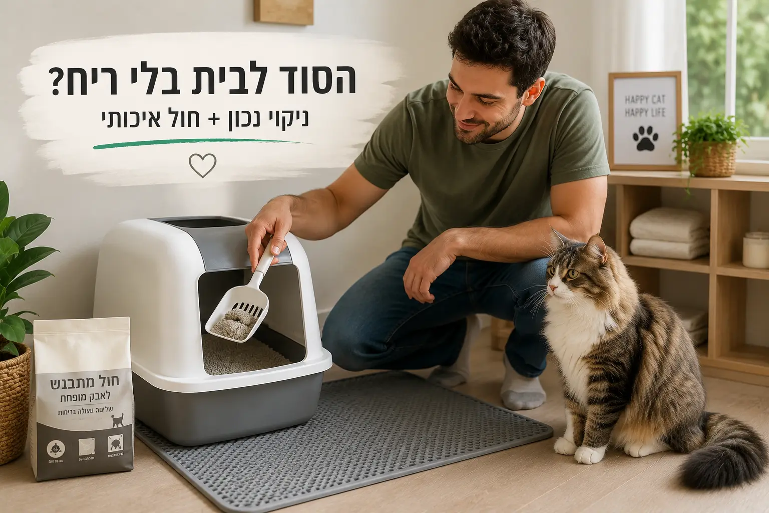 ניקוי ארגז חול לחתולים עם חול מתגבש איכותי לשמירה על בית בלי ריח