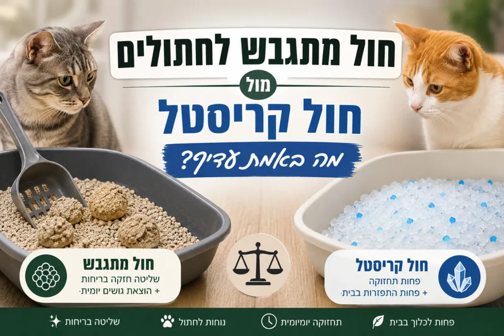 השוואה בין חול מתגבש לחתולים לבין חול קריסטל עם שני ארגזי חול ושני חתולים בבית.