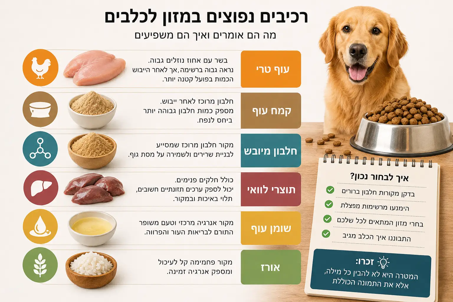 אינפוגרפיקה שמסבירה רכיבים נפוצים במזון לכלבים כולל עוף טרי קמח עוף חלבון מיובש ותוצרי לוואי