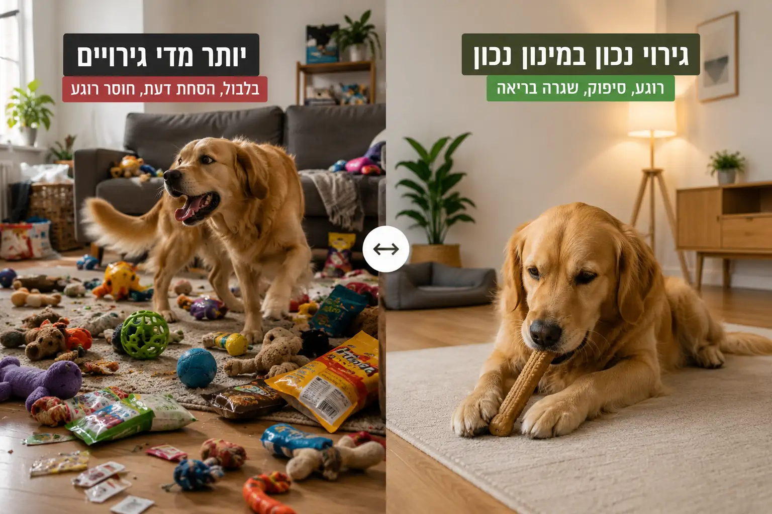השוואה בין כלב מוצף בצעצועים וחטיפים לבין כלב רגוע עם צעצוע לעיסה אחד בבית מסודר.