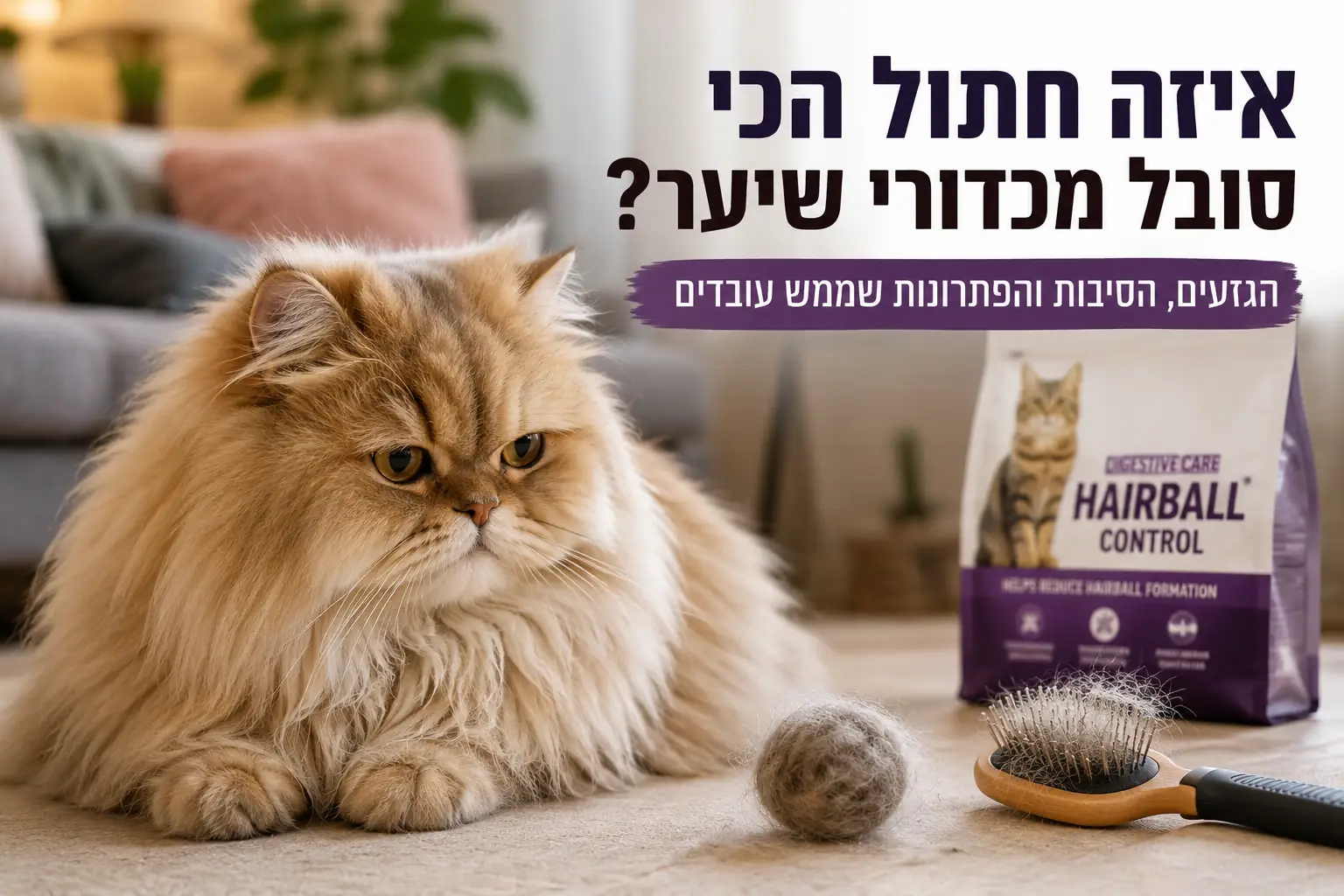 “חתול פרסי עם פרווה ארוכה לצד כדור שיער ומברשת טיפוח”