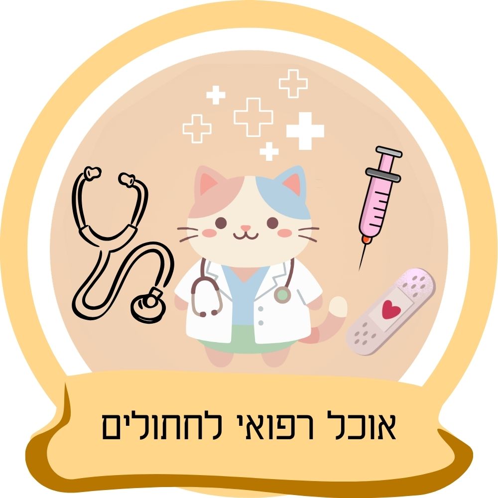 אוכל רפואי לחתולים – איור של חתול וטרינר עם סמלים רפואיים כחלק מקטגוריית מזון וטרינרי לחתולים באתר חבר נאמן.