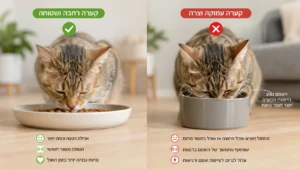 השוואה בין קערת אוכל רחבה ושטוחה לחתול לבין קערה עמוקה וצרה המדגימה רגישות שפם (Whisker Fatigue) בזמן אכילה.