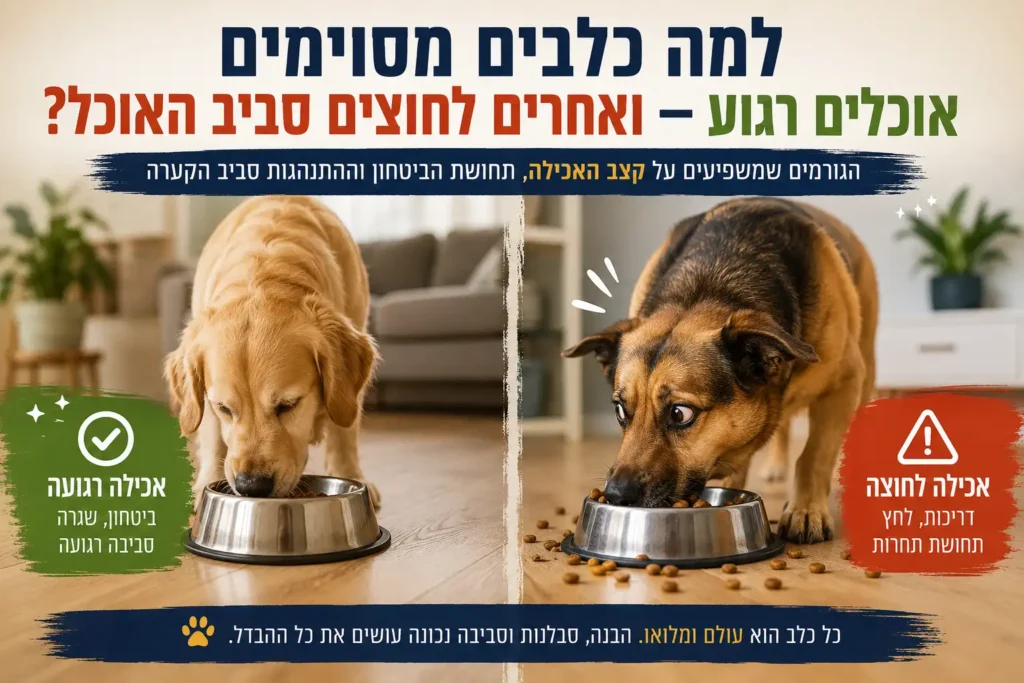 השוואה בין כלב שאוכל ברוגע לבין כלב שאוכל בלחץ בזמן ארוחה בבית