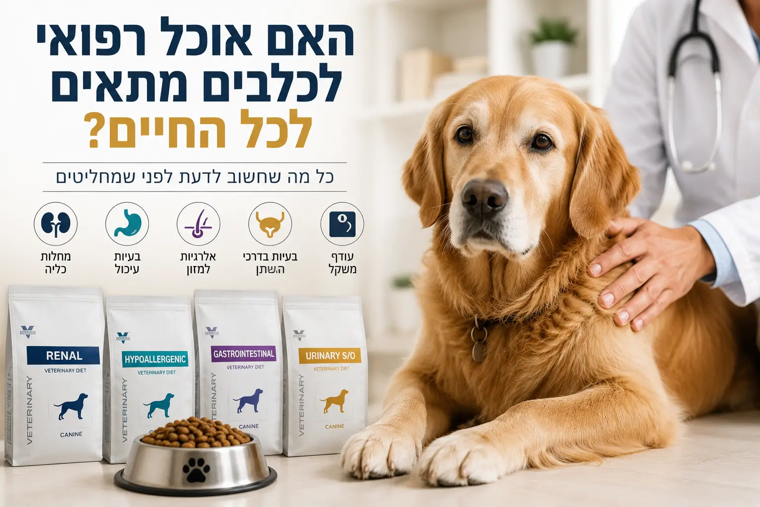כלב בוגר לצד וטרינר ומזון רפואי לכלבים המיועד למצבים בריאותיים שונים