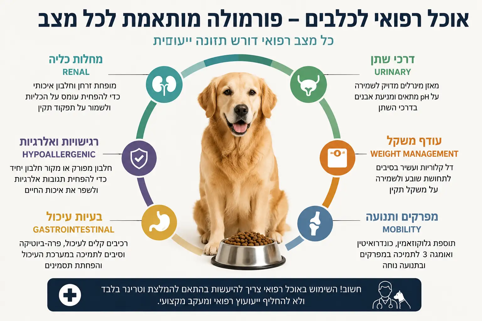 תרשים המסביר סוגי אוכל רפואי לכלבים בהתאם למצבים רפואיים כמו מחלות כליה, אלרגיות, בעיות עיכול ודרכי השתן