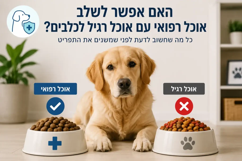 כלב לצד קערת אוכל רפואי וקערת אוכל רגיל – האם אפשר לשלב אוכל רפואי עם אוכל רגיל לכלבים