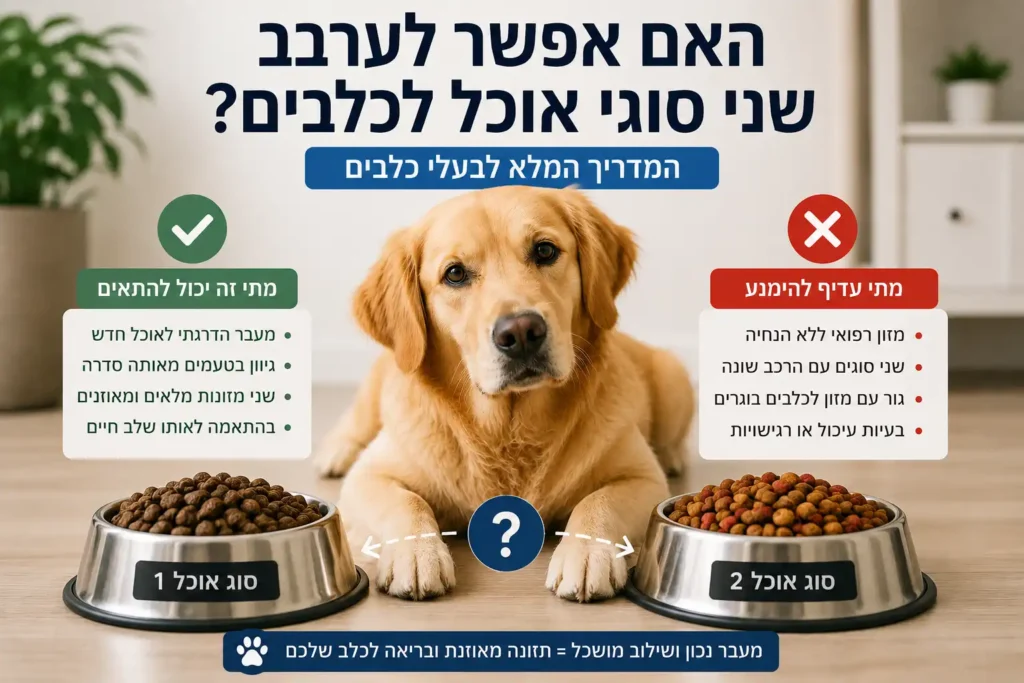 כלב לצד שתי קערות עם סוגי אוכל שונים – האם אפשר לערבב שני סוגי אוכל לכלבים