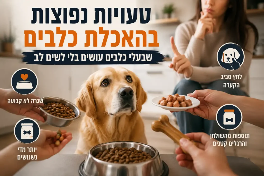 טעויות נפוצות בהאכלת כלבים – כלב מול קערת אוכל ובעלי הכלב מבצעים טעויות האכלה נפוצות בבית