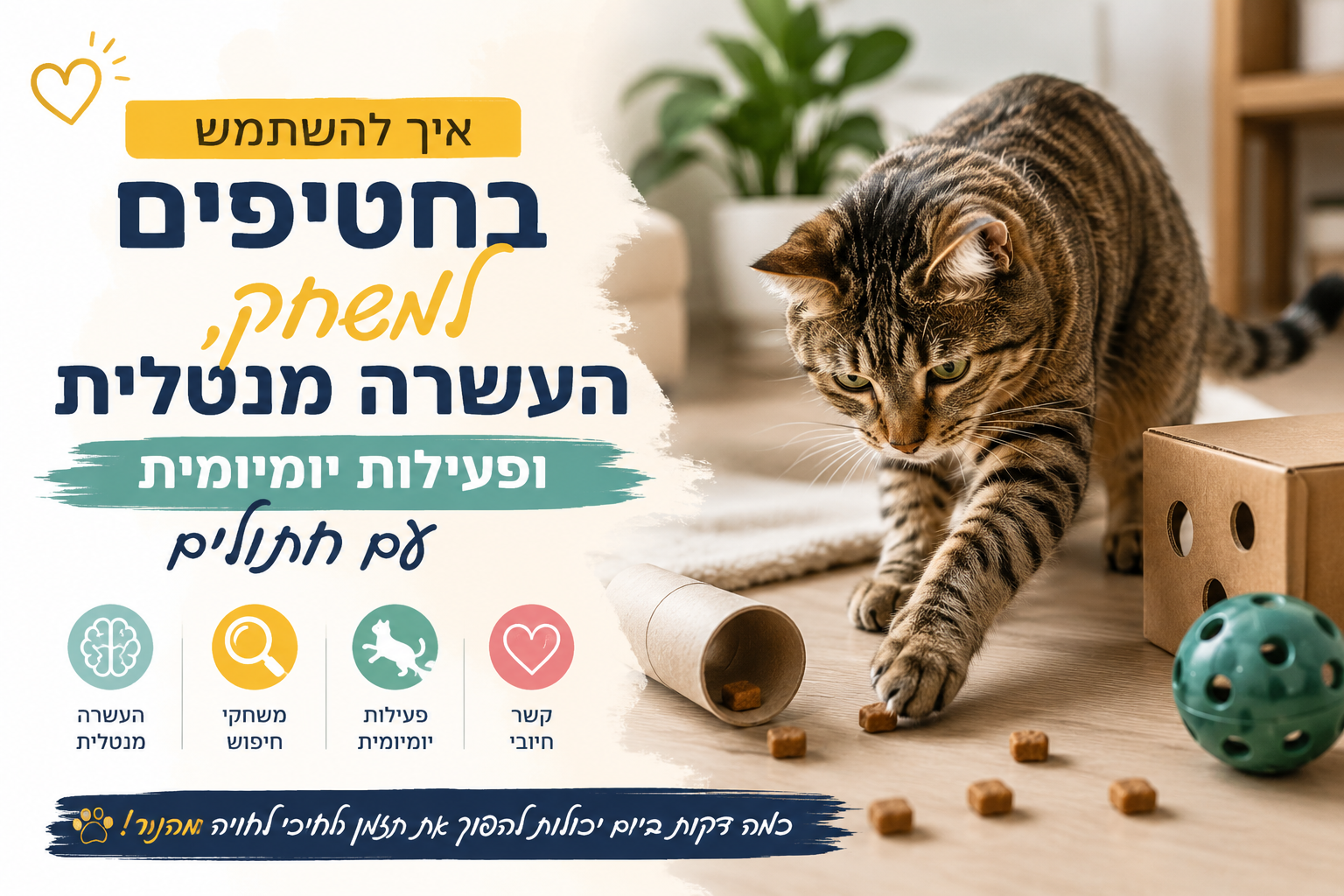 חתול משחק עם חטיפים כחלק מהעשרה מנטלית בבית