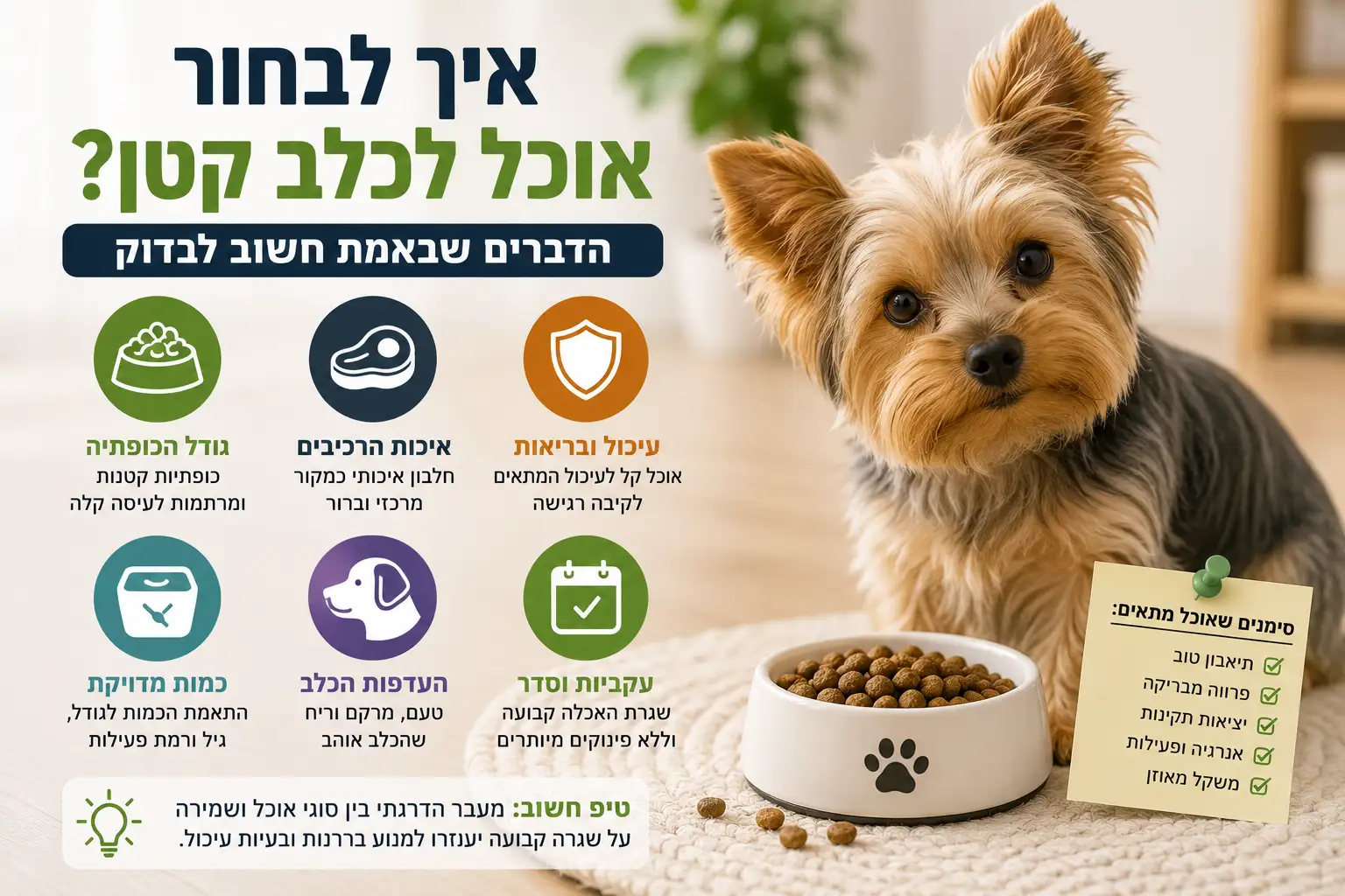 מדריך לבחירת אוכל לכלב קטן – כלב מגזע קטן לצד קערת אוכל עם הסברים על גודל הכופתיה, איכות הרכיבים והתאמת המזון