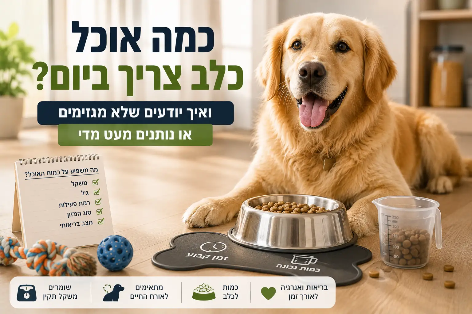 כמה אוכל כלב צריך ביום – כלב לצד קערת אוכל וכוס מדידה במדריך על התאמת כמות המזון היומית לפי משקל, גיל ורמת פעילות