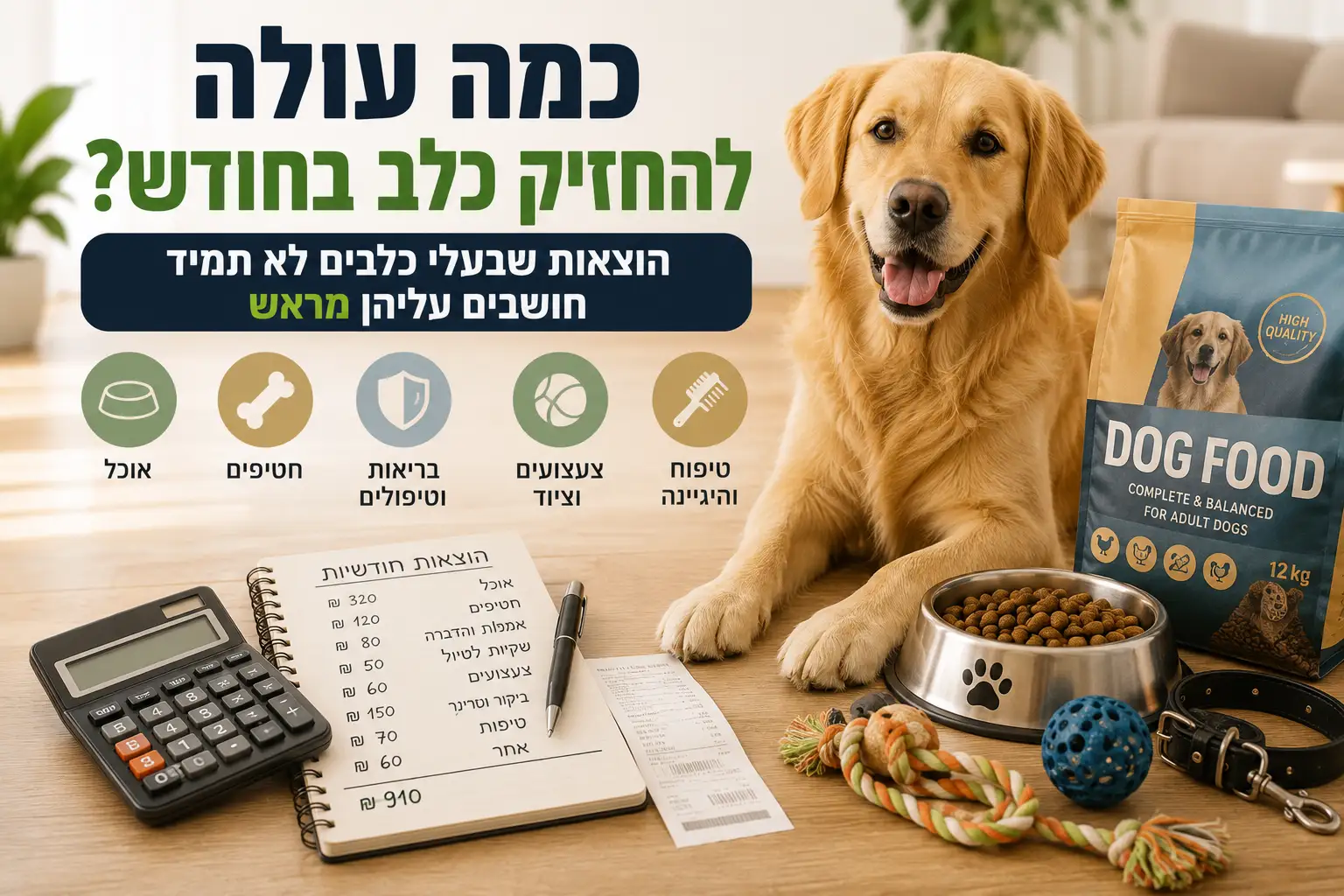 כמה עולה להחזיק כלב בחודש – כלב לצד אוכל, צעצועים, קערה והוצאות חודשיות במדריך על עלויות גידול כלב