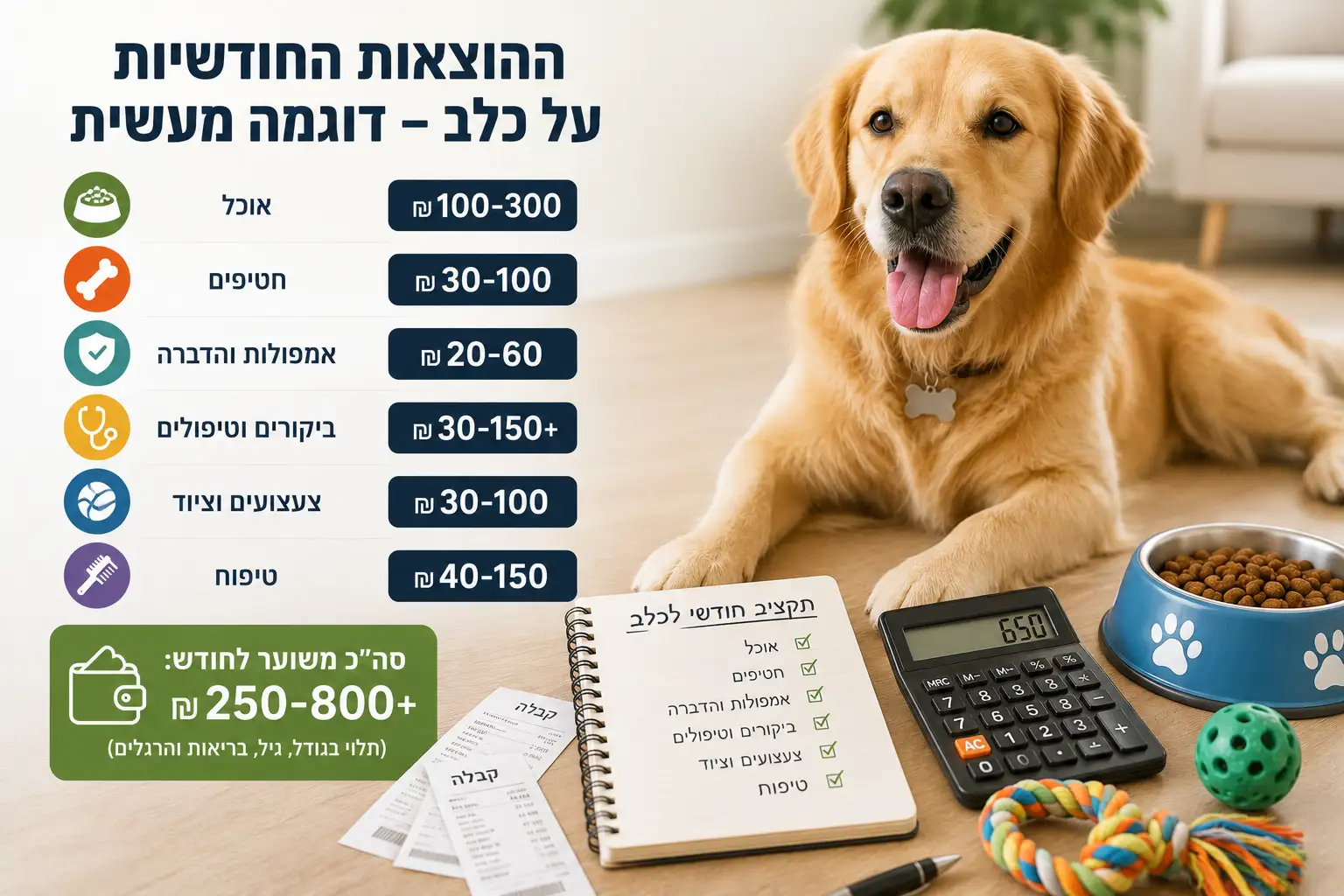 פירוט ההוצאות החודשיות על כלב כולל אוכל, חטיפים, טיפולים, צעצועים וטיפוח לפי תקציב חודשי משוער