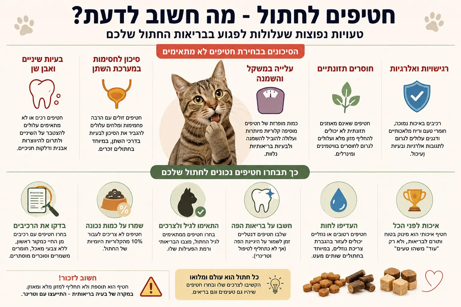 תרשים לבחירה נכונה של חטיפים לחתולים והסיכונים שכדאי להכיר