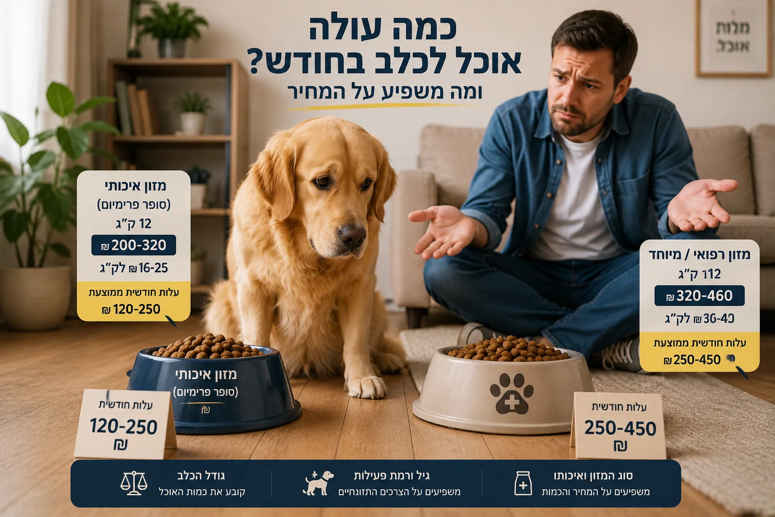 השוואת עלות חודשית של אוכל לכלבים לפי סוג המזון